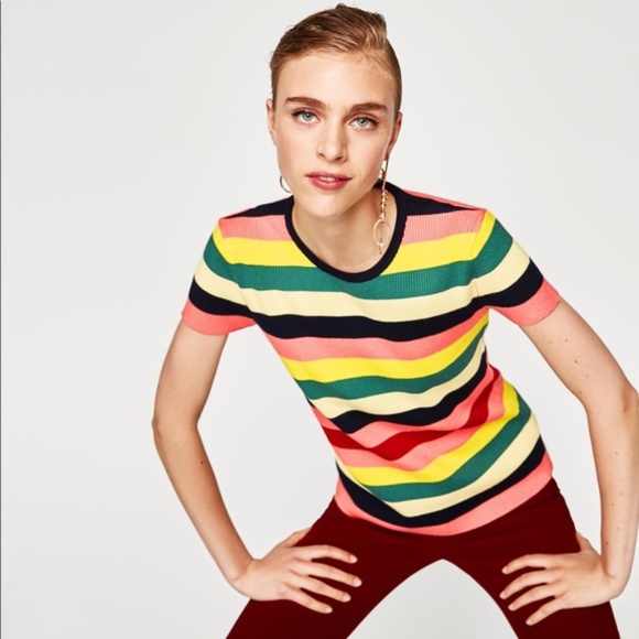 Zara Knit Short Sleeve Stripe Top - Picture 1 of 4